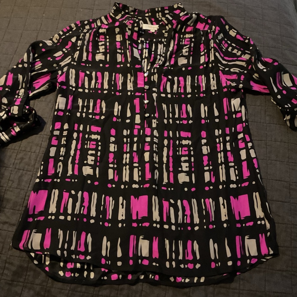 Britt Ryan 100% Silk Abstract Geometric Print Blouse Pink Black Grey Medium